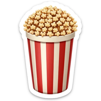 brown popcorn in a paper jar with red and white vertical lines sticker