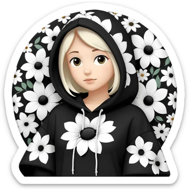 "Generate a black hoodie with scattered medium-sized black and white flowers. Each flower should have a bold, thick white ring as petals with a completely hollow center, creating an open, circular appearance. The flowers should be irregularly shaped, not symmetrical, and spread across the hoodie, including the sleeves and hood. Avoid detailed petals, shading, or filled centers—just simple, bold, hollow ring-like floral patterns sticker