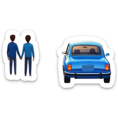 A parked blue car sits quietly on the side of an open road, facing a breathtaking sunset. Two people stand outside, backs turned, watching the horizon. The road stretches endlessly ahead, surrounded by a peaceful, glowing landscape full of light, warmth, and possibilit sticker