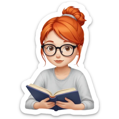 cute girl with red/orange hair sitting reading a book with hair in messy bun and glasses on sticker