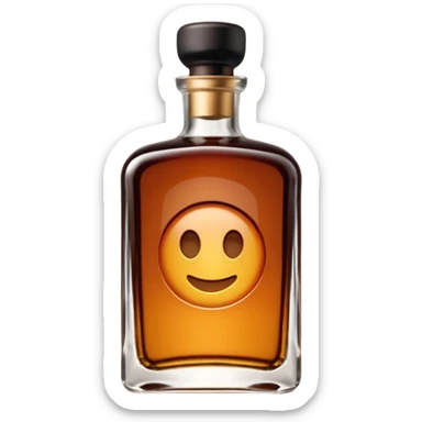 short square-shouldered glass bottle filled with rich amber-brown liqueur, dark glossy glass, wide black or dark brown cap, compact elegant silhouette, no label, no garnish, sealed bottle, soft lighting, subtle shadows, emoji scale sticker