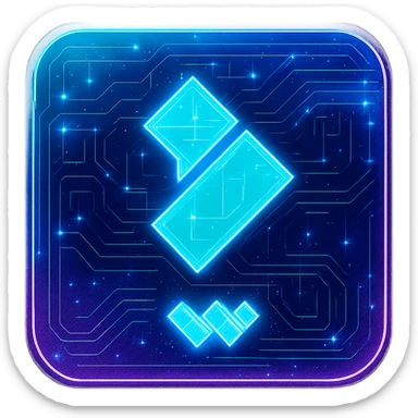 Transform the Wondershare Filmora logo into a cyberpunk style matching the folder icon's look. Use a solid, filled-in dark blue square with rounded corners as the background, just like the original icon. Center the Filmora logo inside the square, maintaining its original colors and shapes. Overlay strong neon blue and pink glow, holographic circuit patterns, and a luminous effect across the entire square and logo. Keep the style flat, clean, and futuristic without 3D shading. The area outside the square should be transparent. sticker