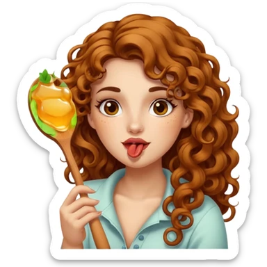 portrait woman long curly brown hair brown eyes white skin tattoos licking honey from wooden spoon, flirty sticker