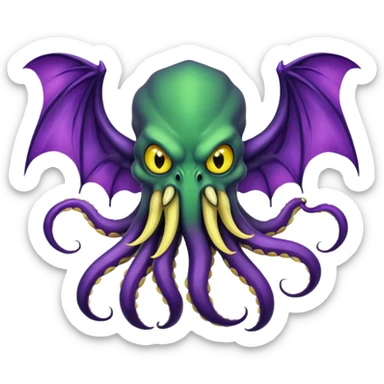 deep green Cthulhu with purple bat wings and purple gradient tentacles. Yellow angry eyes. yellow suckers on tentacles. dramatic ominous shading. two saber-teeth sticker