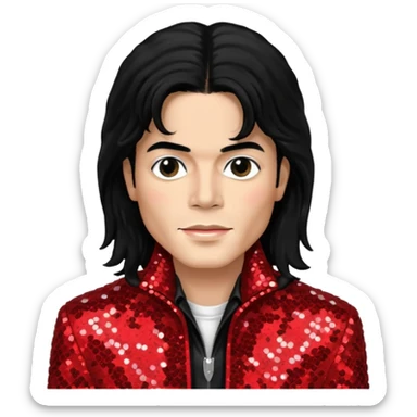 Michael Jackson with black long hair, red sequin jacket, black shirt, light skin sticker