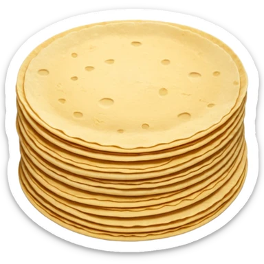stack of 2 or 3 small round corn tortillas, warm golden-yellow color, slightly grainy texture, light browning spots, subtle uneven handmade edges, flat and soft, arranged with slight offset, no plate, no filling, no garnish, soft lighting, subtle shadows, emoji scale sticker