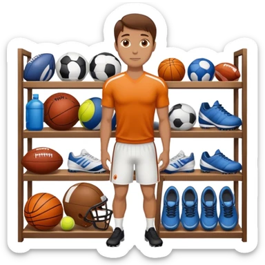 a white  salesman with brown hair standing next to a shelf where sports equipment is placed sticker