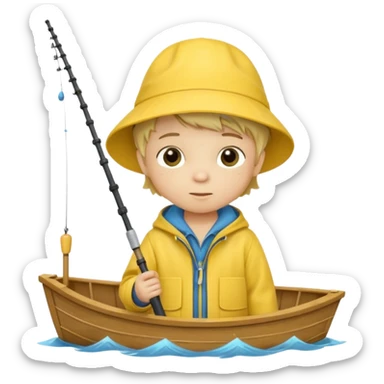 Little boy on a little boat fishing, felt texture, scrapbooking, precious moments style character sticker
