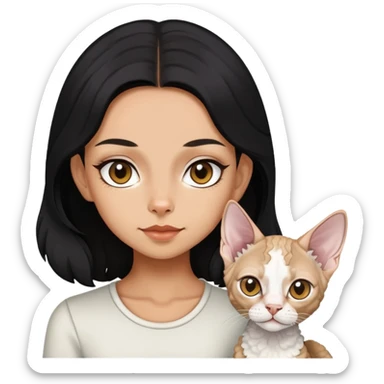 a  girl with black long hair with a white devon rex  sticker