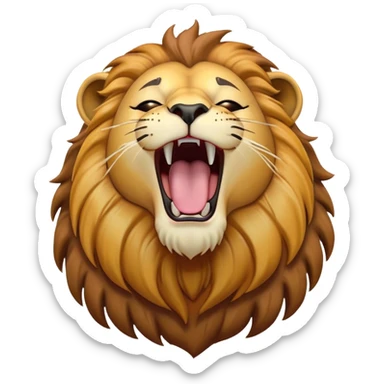 Cinematic Cute Yawning Lion Portrait Emoji, Head tilted slightly with a dramatic, wide-open yawn, showcasing a soft, downy tawny Fur with a majestic mane, floppy ears slightly drooping, round amber eyes barely open in drowsy contentment, Simplified yet irresistibly adorable features, highly detailed, glowing with a soft, cozy glow, high shine, relaxed yet expressive, stylized with a touch of savannah whimsy, bright and endearing, soft glowing outline, capturing the essence of a sleepy yet affectionate lion, so drowsy it feels like it could stretch out of the screen and curl up for a nap! sticker