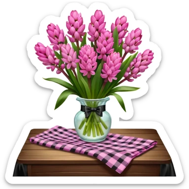 A lush bouquet of bright pink color Hyacinths black satin ribbon, resting on an antique wooden table, with a pale yellow and pink plaid pattern table cloth sticker