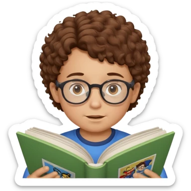 little boy with brown curly hair, wearing glasses, reading comic book sticker