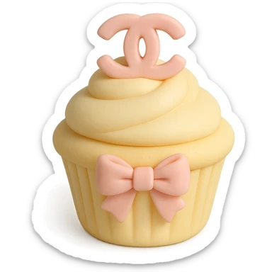 pastel yellow Chanel cupcake with a pink bow and logo sticker