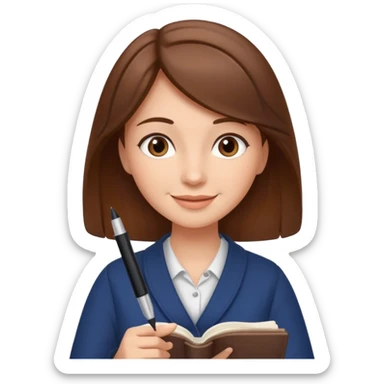 happy woman with brown hair writing a book sticker