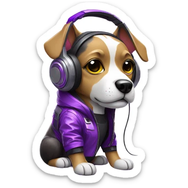 cyberpunk dog hightech with headphone wearing glowing purple jacket sticker