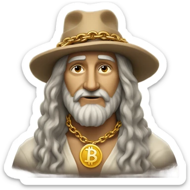 Leonardo da vinci with gold Bitcoin chain with old artist hat sticker