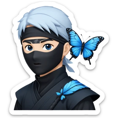 Emoji  con estos dos emojis 🦋 🥷🏻.
Ninja vestido de negro con los ojos de color negro y la piel blanca y con la mariposa azul posada en su hombro izquierdo como si estuviera volando en su hombro. sticker