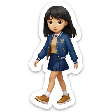 black color long hair with fringe, light skin long hair girl with brown varsity jacket,  navy long skirt walking

 sticker