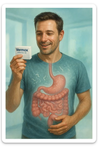 A realistic, cinematic illustration of a man in his late 30s holding a small white box of ‘Vermox’ (mebendazole) in one hand, with a relieved and hopeful expression on his face. Behind him, a semi-transparent overlay shows his digestive tract where small, symbolic worm-like parasites are dissolving and disappearing, indicating the medication’s effect. The environment is clean and bright, with a medical yet hopeful tone, conveying the concept of effective parasite removal. Subtle blue and green tones symbolize cleansing and health restoration, while the man appears energized and ready to reclaim his well-being sticker