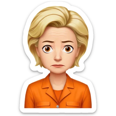 Make a picture of 'Ursula von der Leyen' wearing an orange jumpsuit make her look worried but only about herself sticker