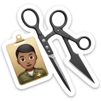 Floating black Scissors cutting an idf soldier ID card in 2 parts .hyper realistic sticker