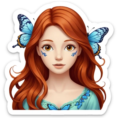 Woman with long flowing auburn hair wearing a butterfly sticker