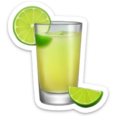 A single tequila shot with green lemon piece on the glass sticker