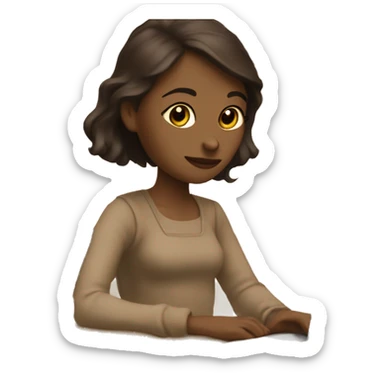 A girl at a table with a laptop. A a cup of coffee on the left side of the table. Books on the right side of the table. in beige tones sticker