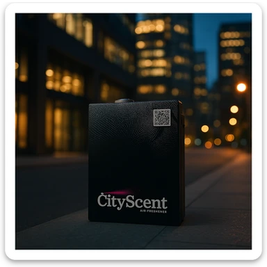 Place this exact CityScent air freshener machine realistically in the center of a modern city at evening, with city lights and a calm urban atmosphere, no people, focus on the machine. The style should be realistic and detailed to highlight the machine in an urban environment. sticker