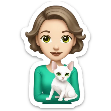 White brunette woman with green eyes and bob hair holding slim white devon rex with light blue eyes sticker