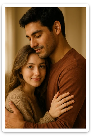 romantic hug, Latin guy with dark hair and girl with green eyes, warm and affectionate scene, soft lighting, gentle and loving atmosphere sticker
