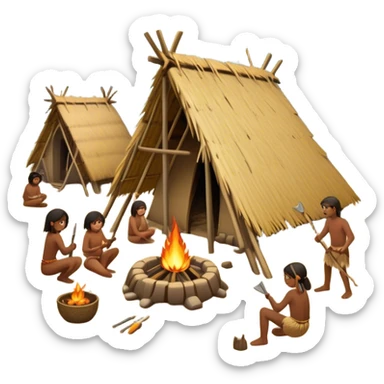 Primitive tribe building a settlement. Huts made of wood and straw, people using basic tools, fire pits, and a dense forest surrounding them sticker