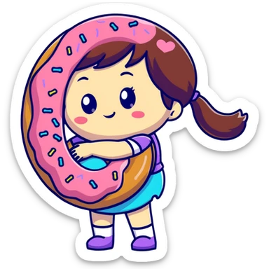 chibi girl hugging giant donut with sprinkles sticker