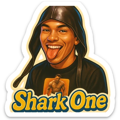 Make him Smiling with tongue sticking out
Add the words Shark One sticker