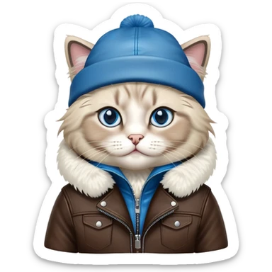 Ragdoll cat wearing a leather jacket and a beanie sticker
