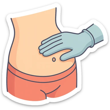 close-up of human abdomen, a doctor's hand palpating, hand coming from the other side, wearing latex glove, 2D isometric style, soft rounded shapes, clean contours, pastel palette, detailed shadows and highlights, modern illustration, transparent background sticker