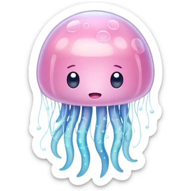 Cinematic floating kawaii jellyfish, tiny round body, soft glowing tentacles, pastel pink and blue hues, delicate sparkling highlights, dreamy and adorable. sticker