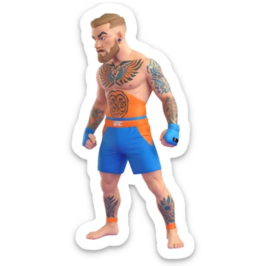 Conor McGregor in fighting stance with blue UFC shorts and detailed tattoos sticker