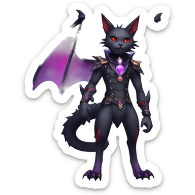 cool kawaii edgy evil black purple red ethereal fantasy beautiful elegant nargacuga-bat-cat-Fakemon wearing legs spats a collar harness with jewelries full body sticker