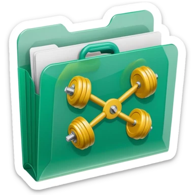 A translucent green plastic folder with rounded corners, elastic string and button closure, clean minimal look, and a dumbbell/gym symbol on the front. sticker