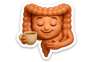 emoji stile iphone 3d di intestino umano sereno che si tocca la pancia mentre sorseggia un thè alle erbe, iperrealistico 4k sticker