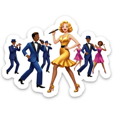 Vintage movie poster-style icon for a musical film. The cityscape glows in the background, evoking the golden era of musicals. A vibrant street scene with bright lights, dancers mid-step, a singer with a microphone, and a jazz band playing. Transparent background. sticker
