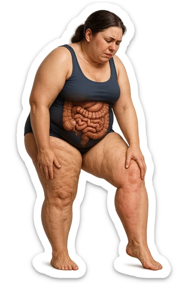 DONNA REALISTICA A FIGURA INTERA CON CELLULITE E GAMBE PESANTI E DOLORANTI, INTESTINO ANATOMICO IN EVIDENZA, CELLULITE VISIBILE, SI TOCCA LA GAMBA CON ESPRESSIONE DI FASTIDIO IN VOLTO, IPERREALISTICA 4K sticker