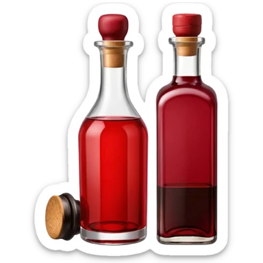 Red wine vinegar and oil bottles, elegant glass, dark brown to ruby, round or square base, slender neck, cork or metallic cap, dark glass, reflections, 3D clean style, transparent background, optimized for emoji size sticker