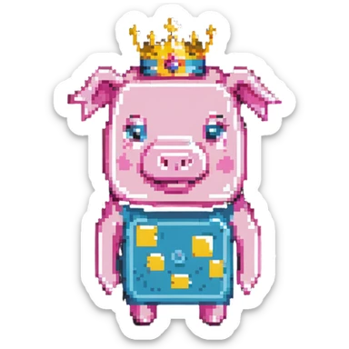 minecraft pig full body pink blocky animal square head square body wearing a crown sticker