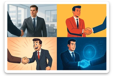 A confident businessperson shaking hands, symbolizing closing a deal, in four distinct visual interpretations. sticker