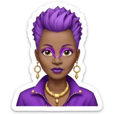 57yr old Qeen black woman with a natural hair mohawk style haircut adorning purple royalty clothing and purle lipstick and eyeshadow purple,  with a nose ring studs on each side of nose. Wearing gold square  bamboo earrings  sticker
