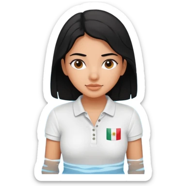 Mexican girl with black hair in pool while wearing white polo shirt sticker