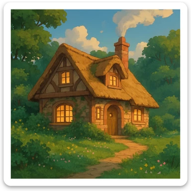 cozy cottage in a lush landscape with warm lighting in ghibli style sticker