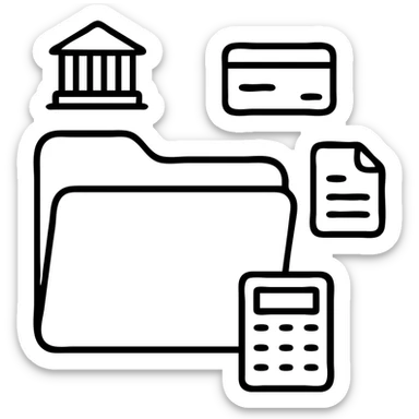Closed folder icon with small symbols floating around: bank building, credit card, calculator, and document – organized financial archive sticker